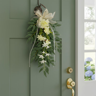 26.3 Inch Teardrop Wreath, Thick And Lush Artificial Greenery And Dahlia Decorative Wreath, Sturdy Rustic Hanging Wreath