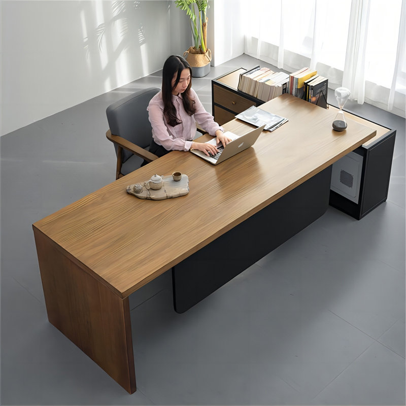 Bureau de direction en L en bois massif avec armoire gauche Burlywood, H 29,53 po x l 70,87 po x P 31,5 po, Gauche