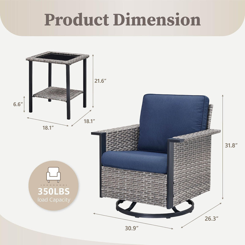 Ensemble de chaises berçantes pivotantes d'extérieur 3 pièces avec table d'appoint et chaises de patio coulissantes à accoudoirs larges pour porche ou terrasse
