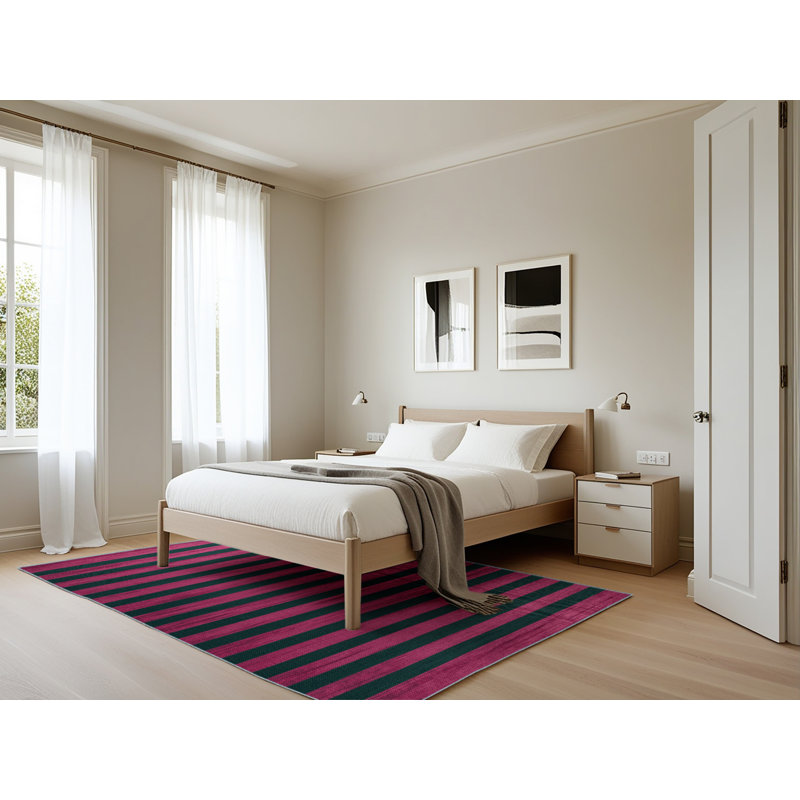 Tapis bleu à rayures horizontales lavable à la machine, Rectangle 5 pi x 7 pi