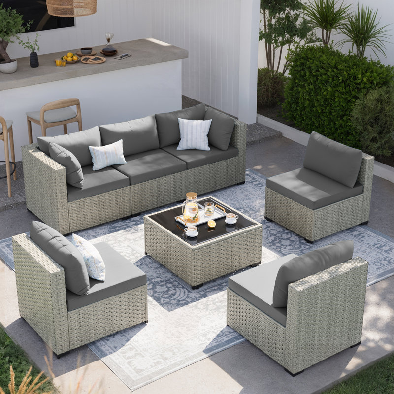 Demasi 6-Person Patio Furniture Set With Comfortable Cushions And Glass Table, Dark Gray