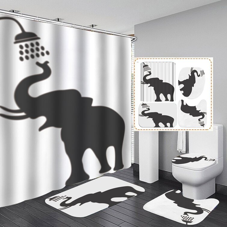 Elephant Shower Curtain Set Waterproof Carpet Cover, Toilet Cover