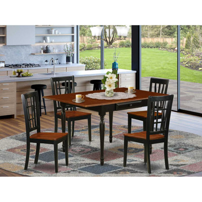 5 Piece Kitchen Table Set for 4 Includes a Rectangle Dining Room Table with Dropleaf and 4 Solid Wood Seat Chairs, Black & Cherry