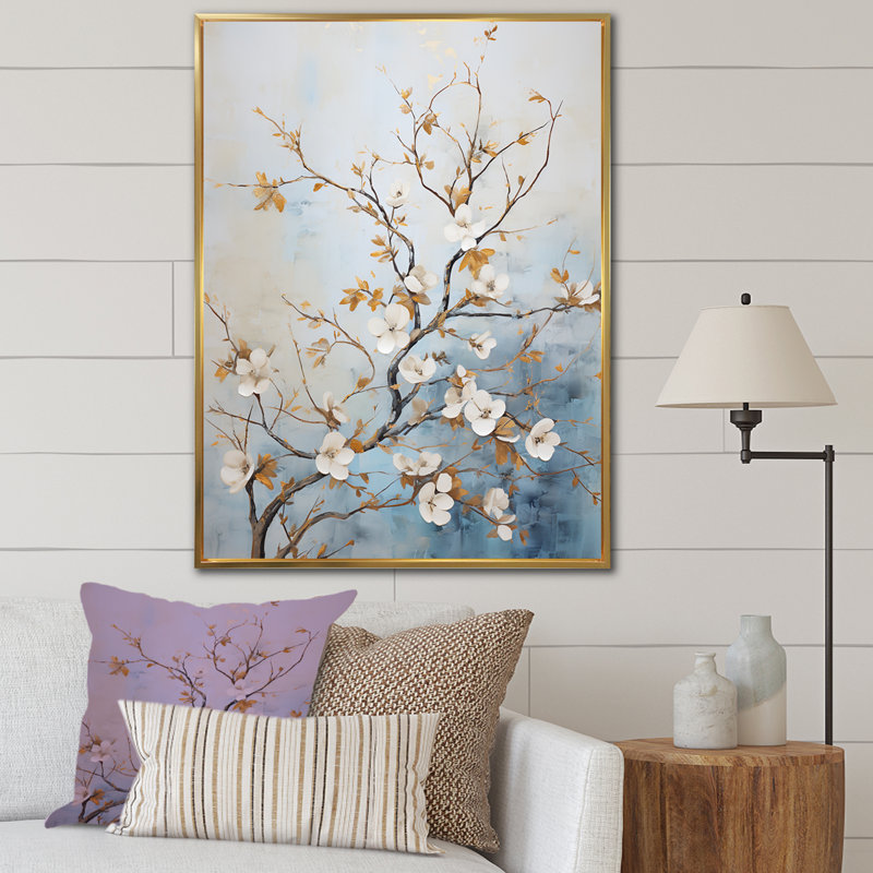 Blanc cornouiller Blossom Dreams V sur toile, Cadre flottant doré, 44" H x 34" W