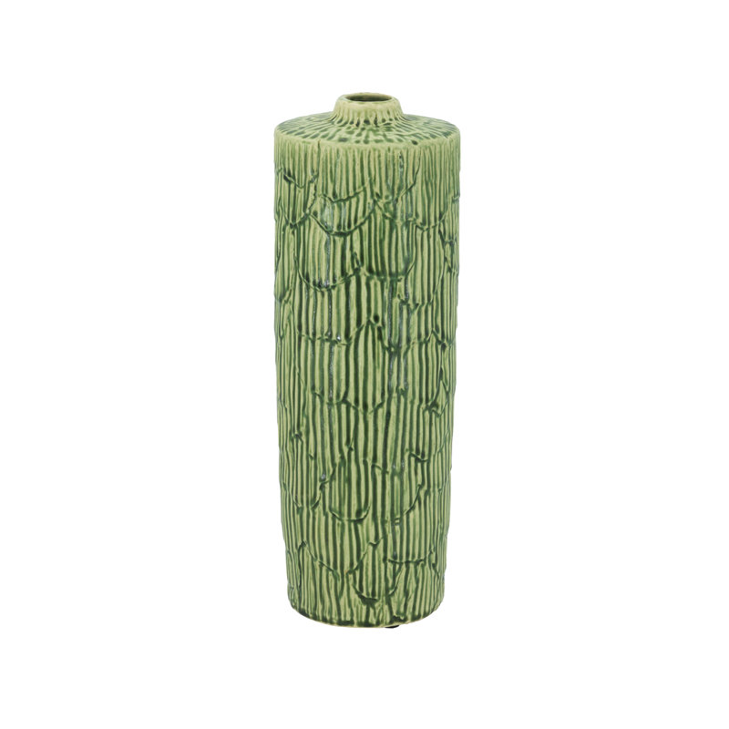 D4.5X14" Ceramic Cylinder Vase With Textured Green Design, 13.8" H x 4.7" W x 4.7" D