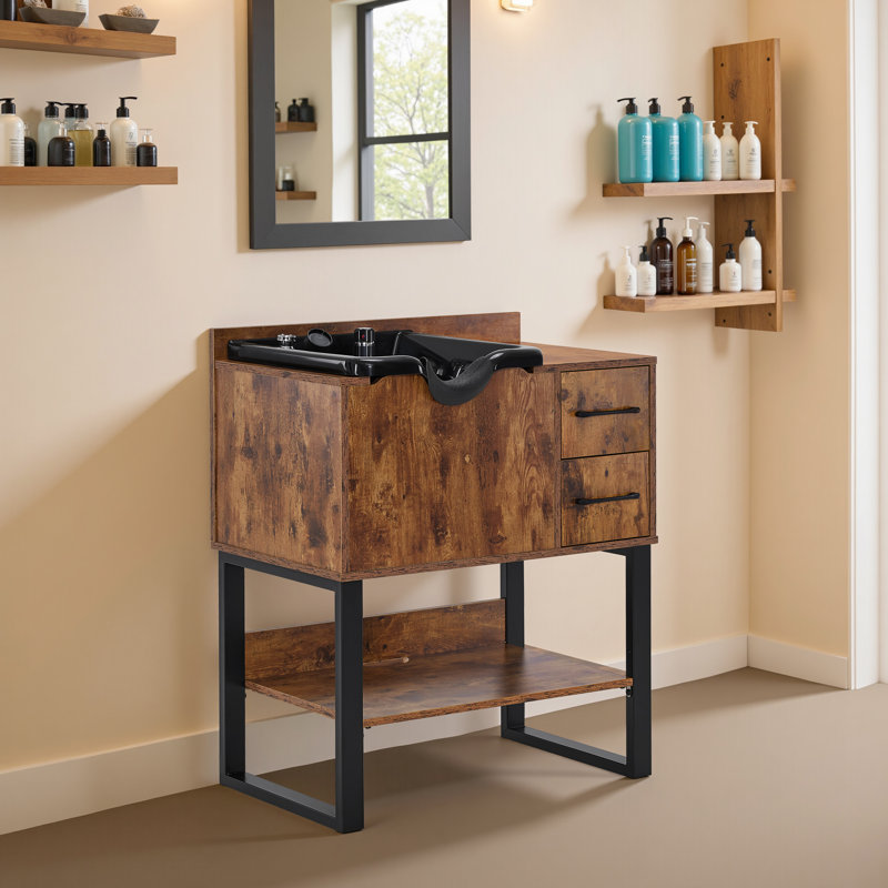 Station de shampooing avec lavabo avec robinet, 2 tiroirs et tablette de rangement, Noir mat