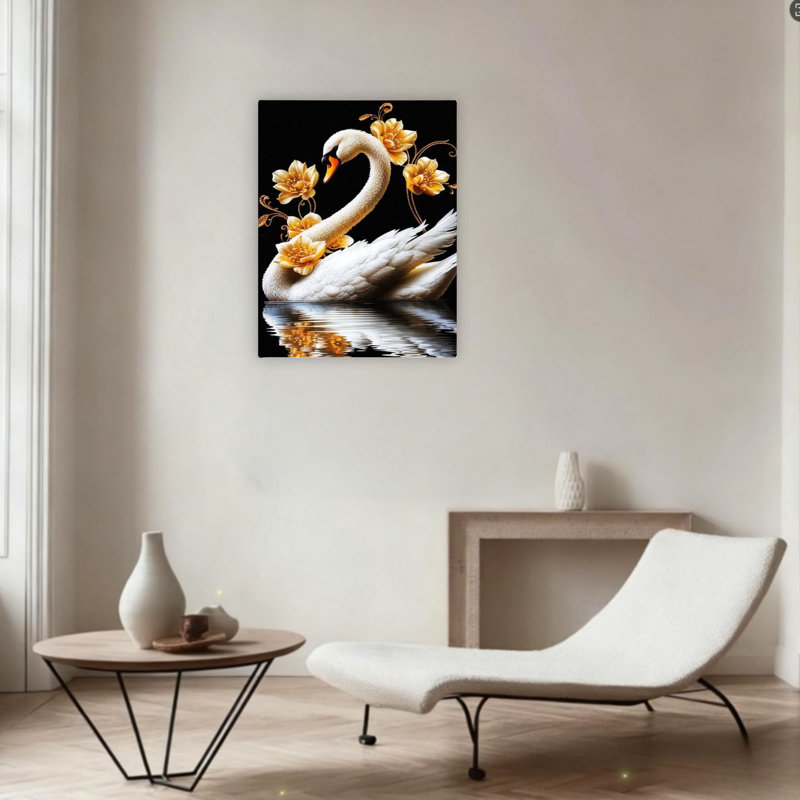 Art mural en toile blanche 24 "x 36" cygne blanc avec plume dorée