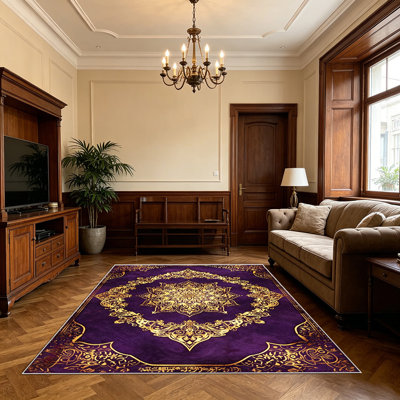 1PC Deep Purple Metallic Gold Vintage Boho Mandala Persian Floral area rugs for Living Room, Soft, All seasons, Easy-maintain, Washable Indoor mat, Farmhouse suitable for for dining table, entryway, bedroom...