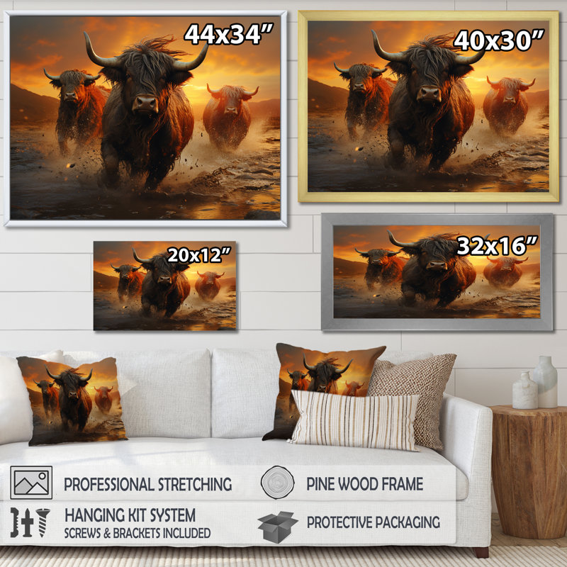 «Expressionist Yaks Horizon I» sur toile, Cadre flottant doré, H 34 po x l 44 po
