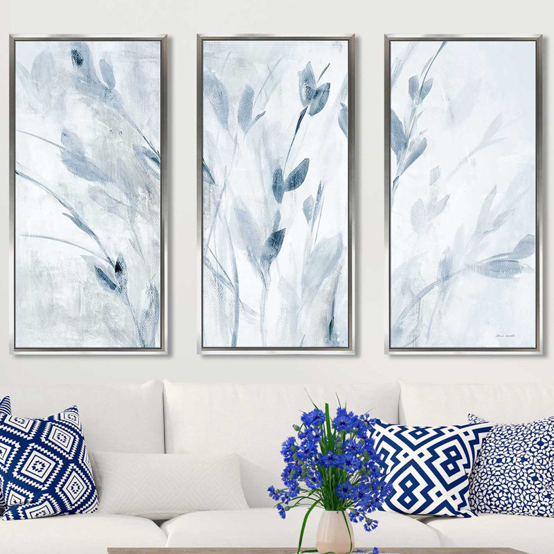 «Blue Misty Leaves», peinture sur toile flottante 3 pièces, L 52,5 po x H 33,5 po