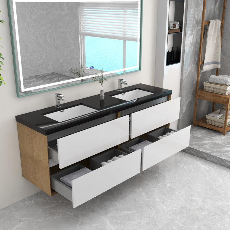 Ensemble de meuble-lavabo double mural 72 po Goodlow Kody, Blanc brillant