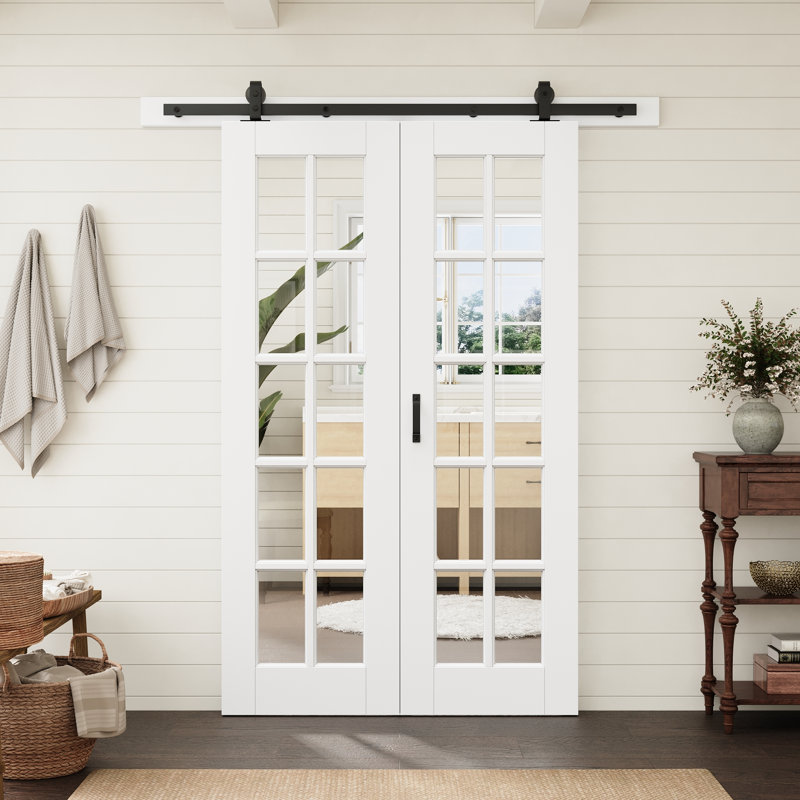 Porte standard préfinie en verre clair à 10 carreaux de 48 po x 80 po avec porte pliante de style grange et ensemble de quincaillerie pour garde-manger