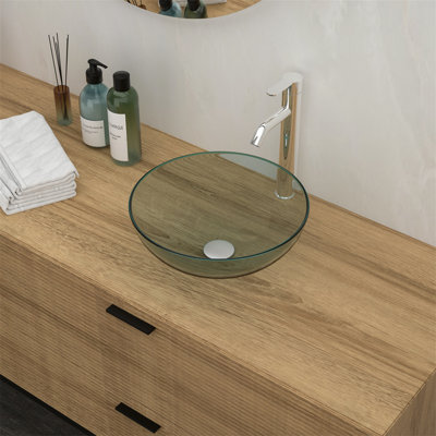 Lavabo de salle de bain vasque en verre trempé avec robinet chromé et bonde escamotable