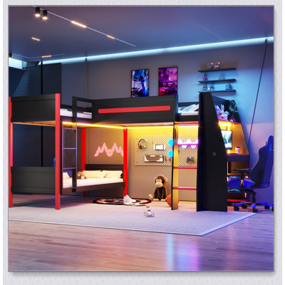 L-Shaped Bunk Bed With Gaming Loft Bed,Built-In Desk, Shelves And LED