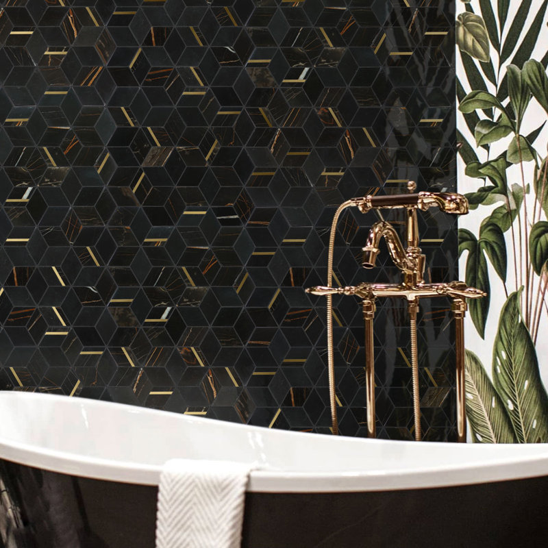 Natural Dorato Marble Mosaic Wall Tile, Black/Gold