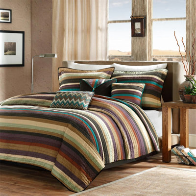 Courtepointe en microfibre, motif réversible, charmants motifs zigzag et rayures dans des tons de terre mauve sarcelle, coussin en microfibre pour lit double / grand, rayures magnifiques
