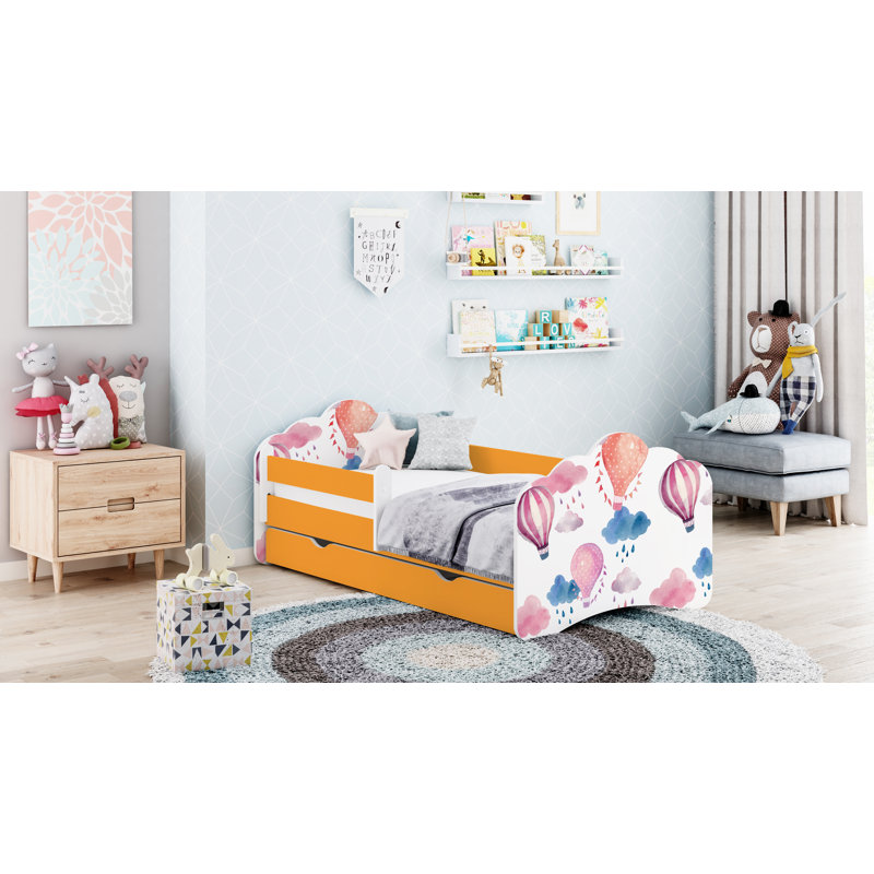 Ramsell European Toddler Bed Frame with Drawers, Orange, 56.5 x 70 x 140cm
