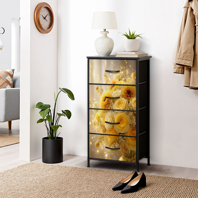 Commode 4 tiroirs pour chambre à coucher, commode étroite, plateau en bois et structure en fer de travail 18 po x 37,5 po - (l x H)