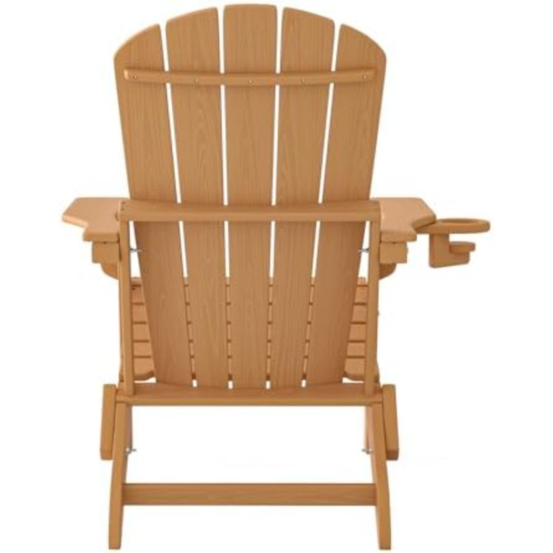 Folding Adirondack Chair, SGS Tested, Wooden Textured With Cup Holder, Heavy All-Weather HDPE Comfortable Set Poolside Backyard Lawn Teak Set 4