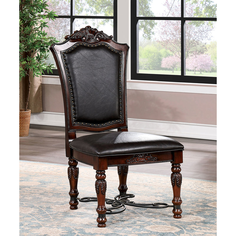 Chaises de salle à manger de luxe, 2 pièces, bois massif de cerisier brun, décorations en faux bois, chaises d'appoint à dossier noir 2 pièces pour les repas traditionnels, sculptures, doublure de soutien