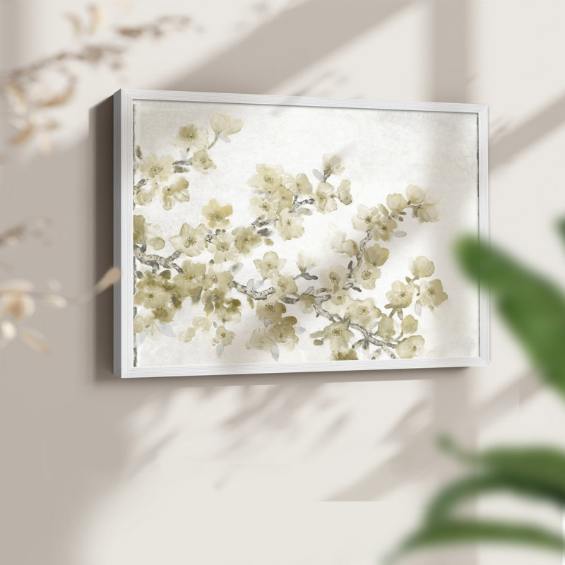 Composition neutre de cerisier en fleurs II - reproduction encadrée - réversible, H 22 po x l 28 po, Blanc