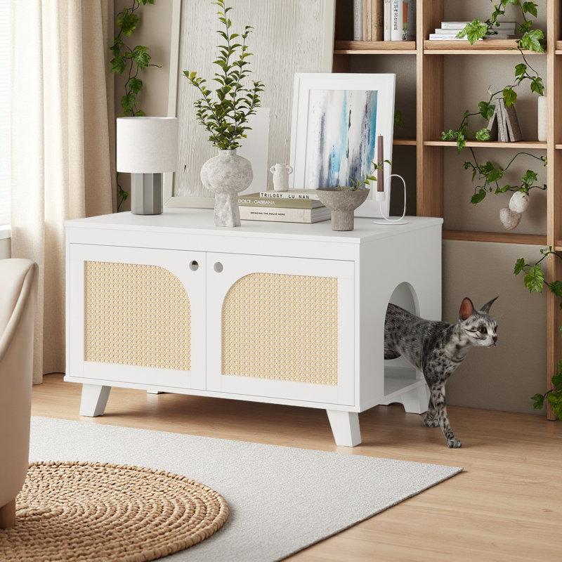 Armoire à litière à couvercle rabattable pour chat avec portes décoratives en rotin pour votre maison, deux entrées, Blanc