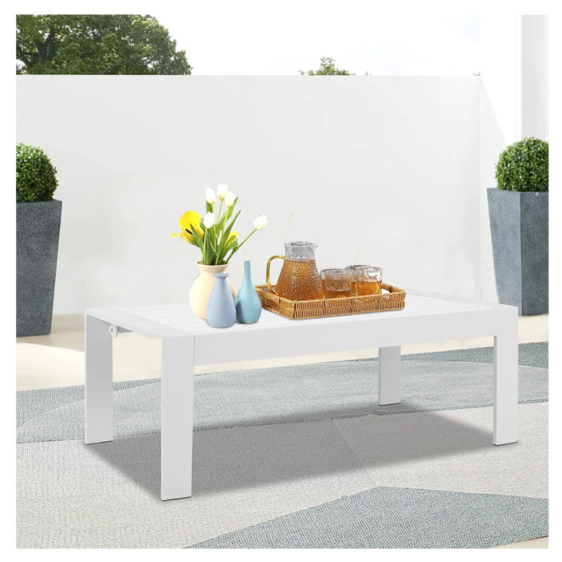 Table basse d'extérieur 43 po en aluminium et rectangulaire WPC toutes saisons, mobilier de patio blanc moderne pour terrasse, jardin et bord de piscine