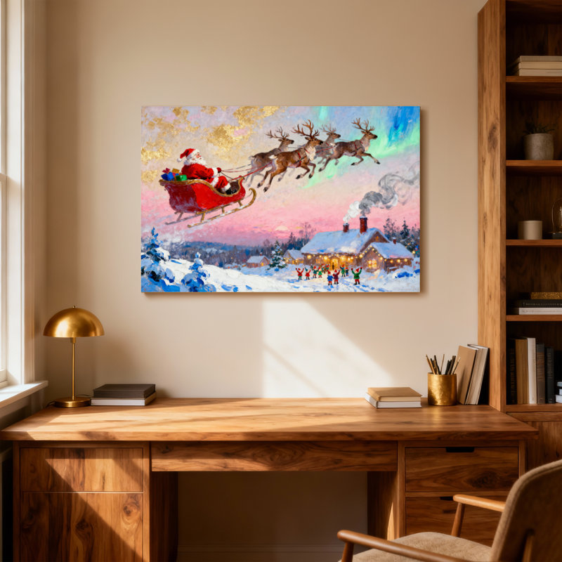 Père Noël de Noël survolant une maison enneigée avec des rennes, H 28 po x l 40 po