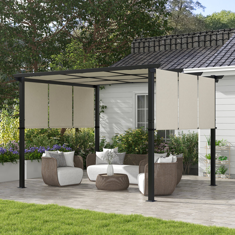 10' x 12' Metal Pergola with Retractable Canopy for Patio, Deck, Beige