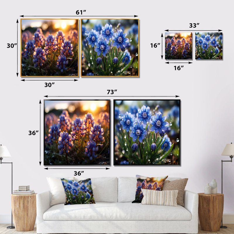 Daffodils Field Sunrise - Ensemble de 2 collages floraux carrés, Encadrement brun, H 16 po x l 33 po