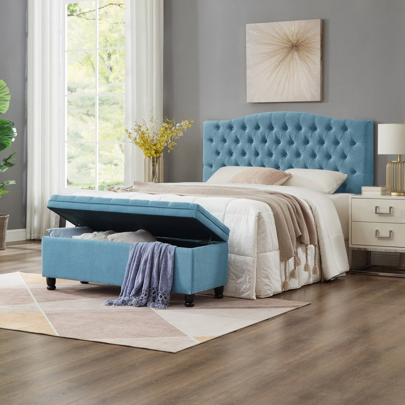 Banc de rangement capitonné capitonné, banc d'entrée en tissu de lin avec pieds en bois fuselés, Light Blue, Blue, Black