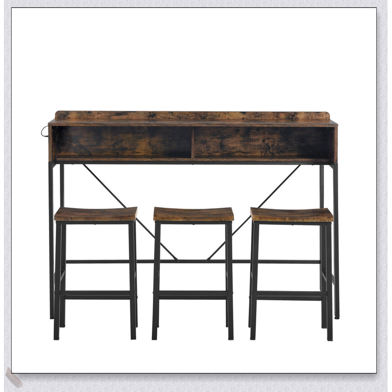 59 Inch Farmhouse Bar Table with Power Socket, LED Light, and 3 Saddle Stools for Versatile Living Spaces