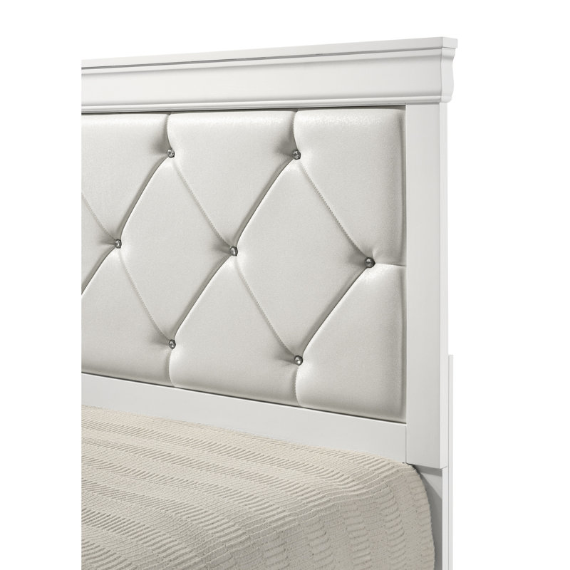 Lit tapissier contemporain de grande taille avec finition blanche et fabrication en bois pour tête de lit moderne, finition texturée, pieds de soutien inclus