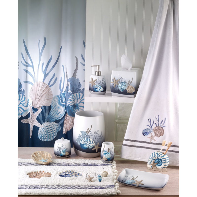 Blue and White Resin Coastal Wastebasket with Starfish