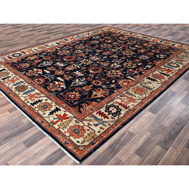 Tapis oriental bleu en laine noué à la main 9 pi 2 po x 11 pi 10 po - MOA1021099