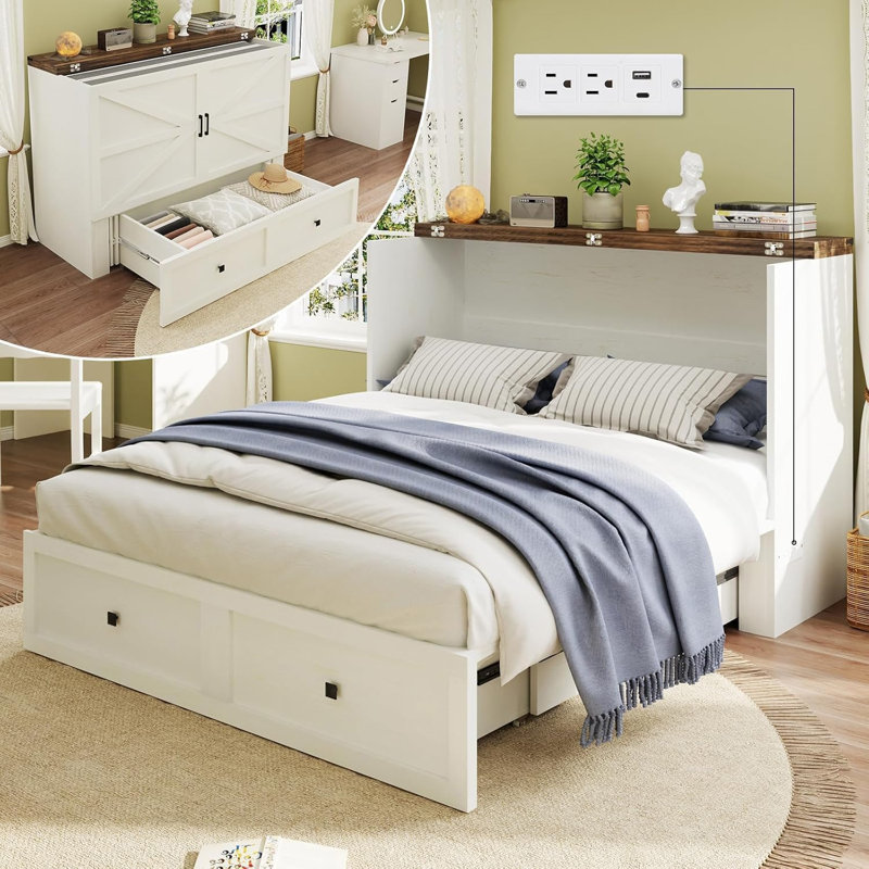 Lit escamotable double avec station de charge et pliable facile - capacité de 900 lb pour lit escamotable robuste pour le salon