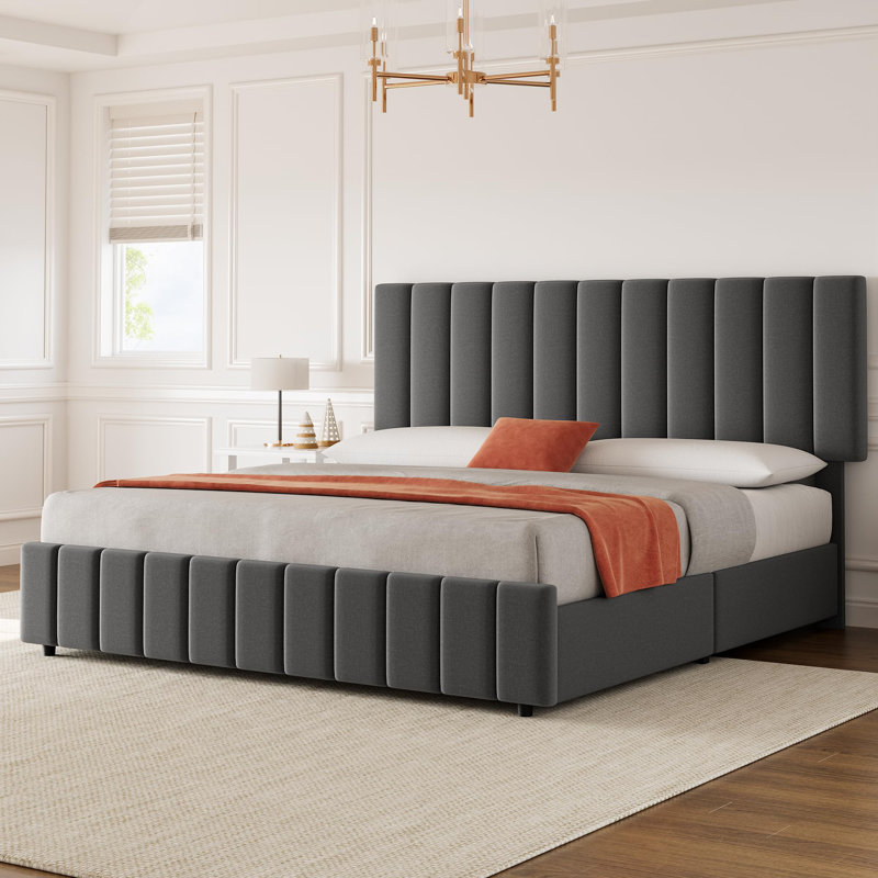 Cadre de lit avec 4 tiroirs de rangement et tête de lit réglable, cadre de lit plateforme tapissier, gris, Grand
