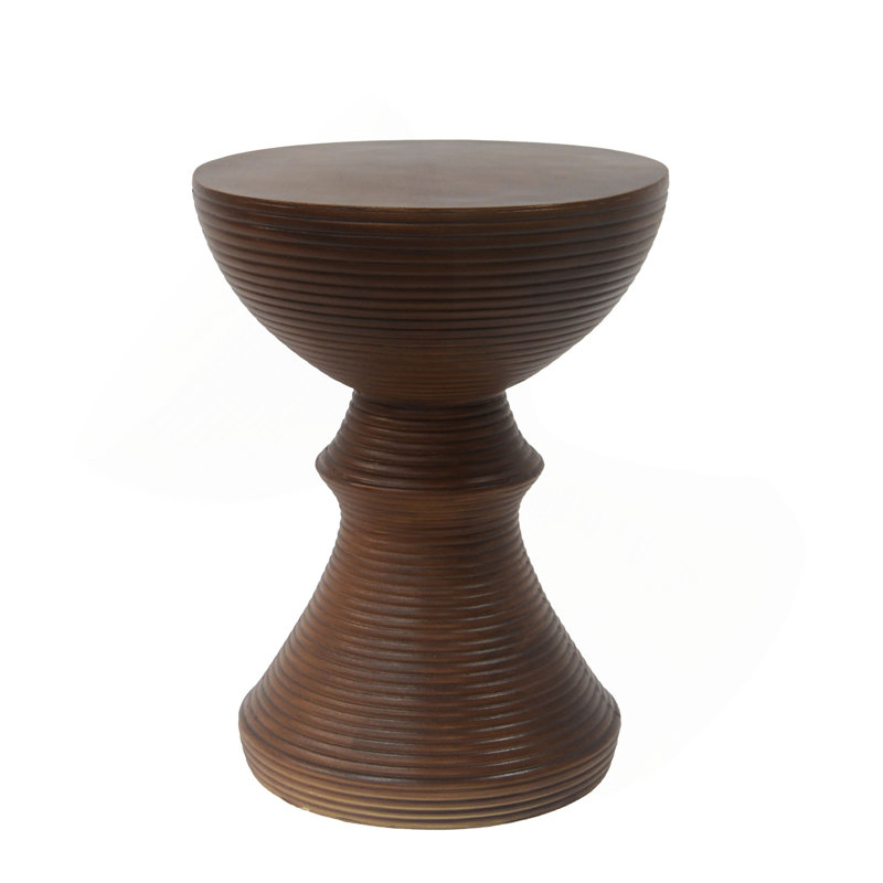 16" Ribbed Concrete Outdoor Side Table with Hourglass Design – Weather-Resistant Accent for Patio, Garden, or Balcony