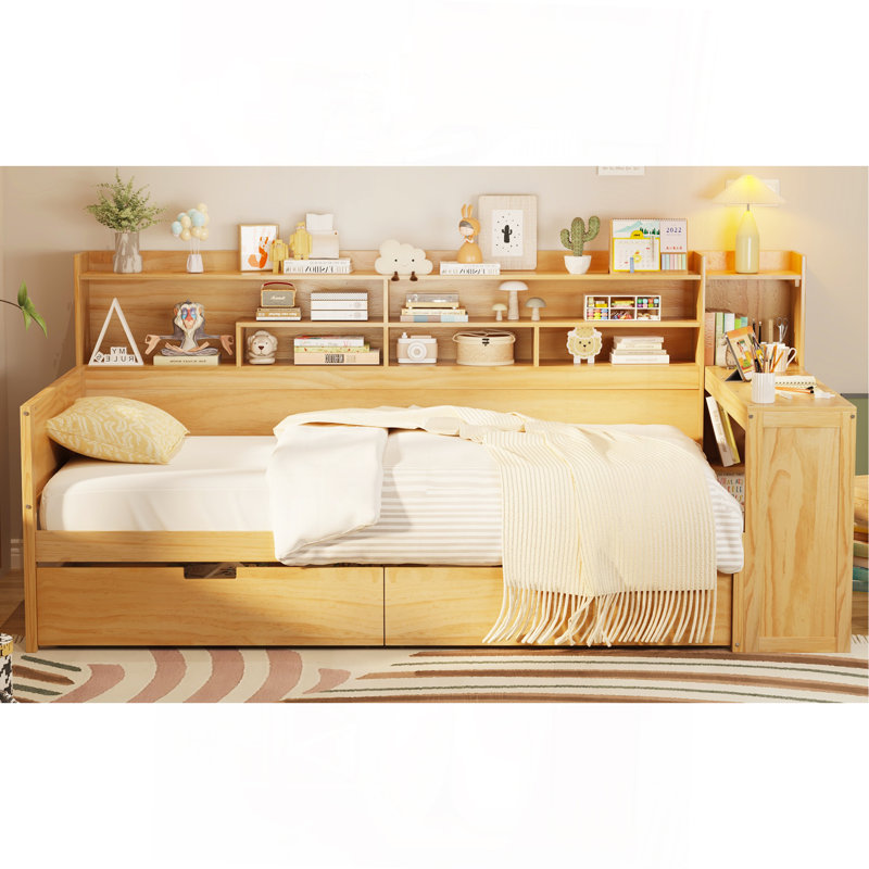 Wooden Twin Size Daybed With Storage Shelves, Multi-Functional Bed With Two Storage Drawers And  Study Desk, Natural, Natural