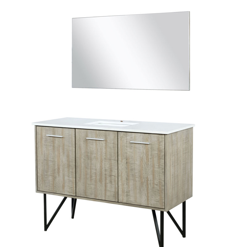48 po Avec meuble-lavabo de salle de bain rustique avec surface en quartz blanc, 43 miroirs, fonctionnalité de fermeture en douceur et nombreux tiroirs de fermeture de salle de bain