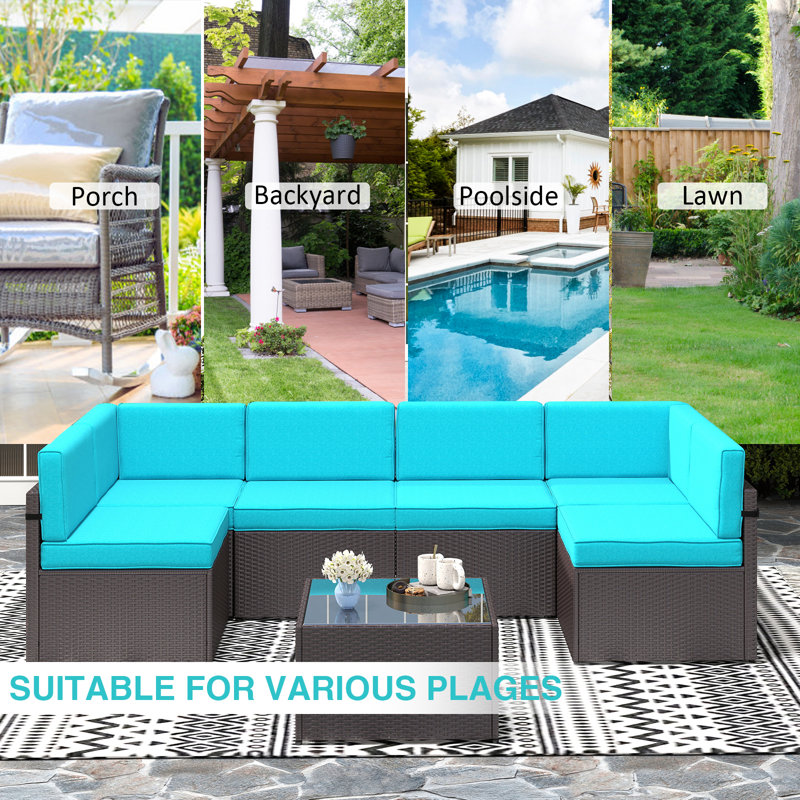 Cheikh 6 - Person Patio Conversation Sets with Cushions, Aqua