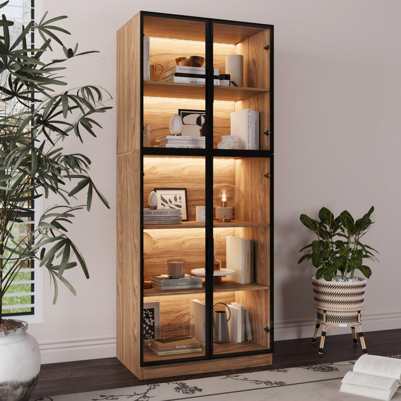 Bibliothèque en bois avec porte en verre, bibliothèque de 78,7 po de hauteur avec 5 tablettes à niveaux et lumière DEL