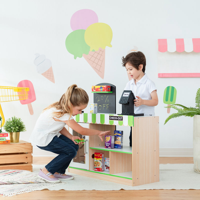 Teamson Kids Cashier Austin Interactive Play Checkout Counter Stand with 26 Accessories, Green/White/Natural Wood