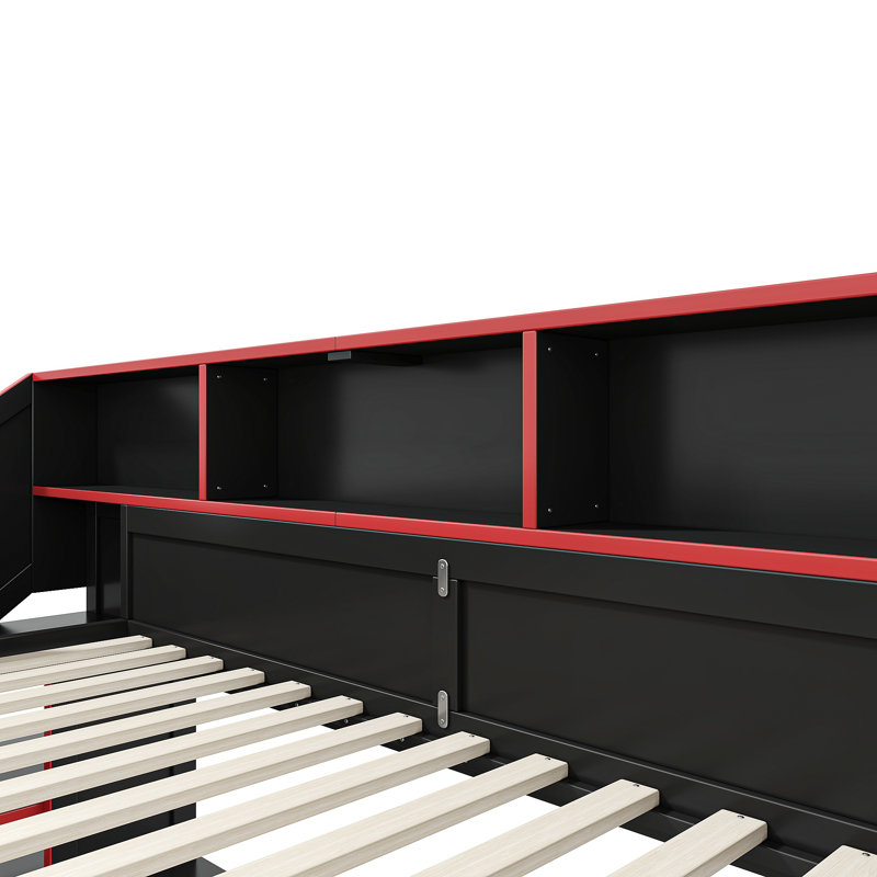 Lit Queen multifonctionnel avec rangement, mezzanine moderne en bois MDF pour jeux vidéo à domicile, Noir
