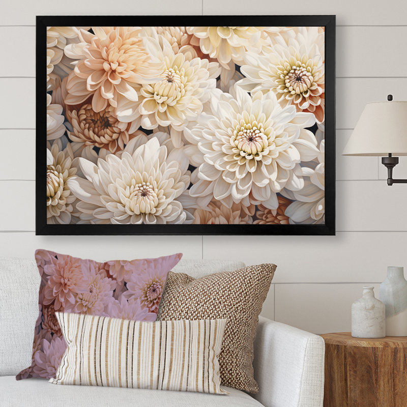 «Pure White Chrysanthemums Mosaic II», reproduction sur toile, H 16 po x l 32 po x P 1 po, Cadre simple noir