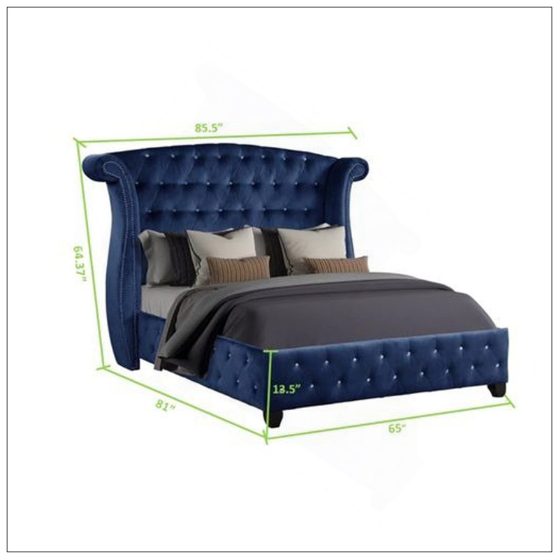 Grand lit en tissu de velours capitonné en cristal de style moderne fabriqué en bois en bleu