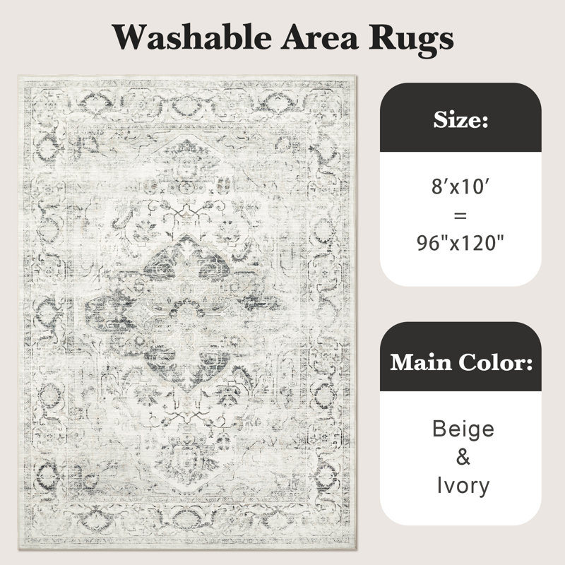 Vintage Stain Resistant Anti-Slip Washable Rug for Living Room Bedroom(Ivory/Grey), Rectangle 8' x 10'