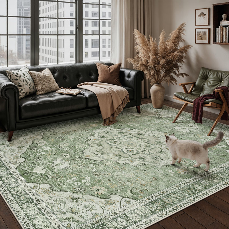 Eleanor Vintage Oriental Washable Area Rug With Non-Slip Backing, Green, Rectangle 8' x 10'