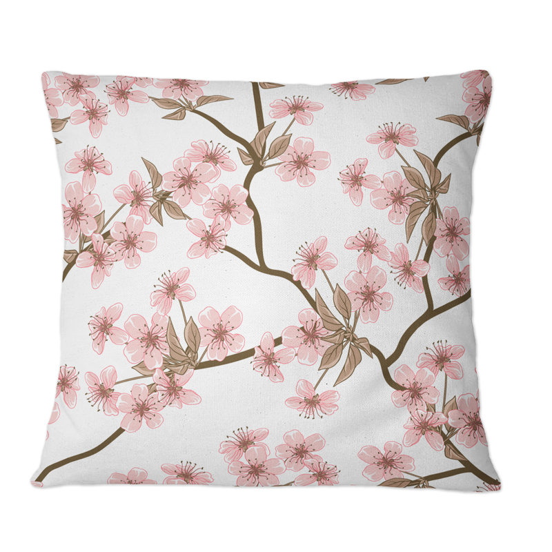 Coussin rose à motif de fleurs de cerisier roses sur fond blanc, 16 po x 16 po