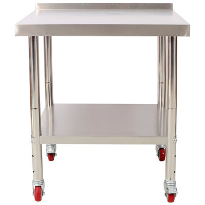Table de préparation robuste en acier inoxydable avec dosseret et roulettes, tablette réglable